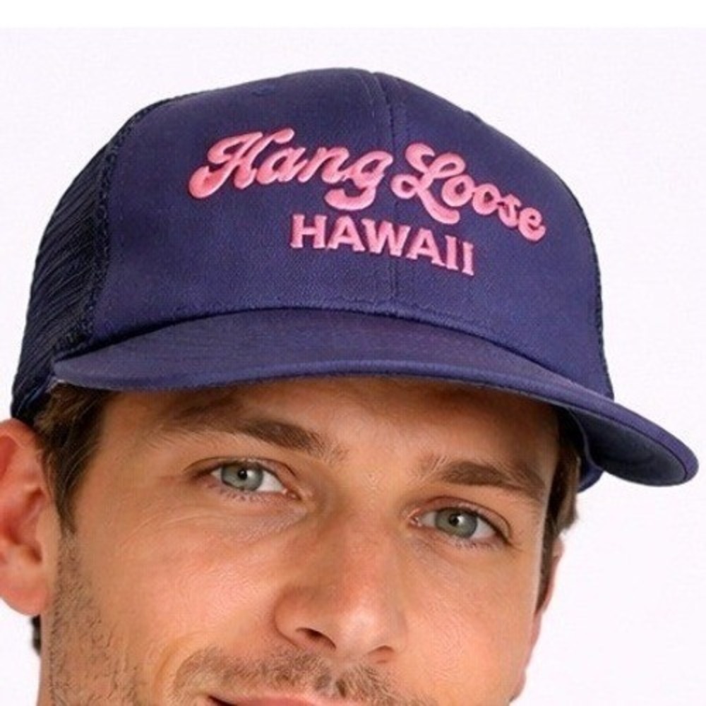 Vintage Hang Loose Hawaii Rope Trucker Snapback Hat Blue Pink USA